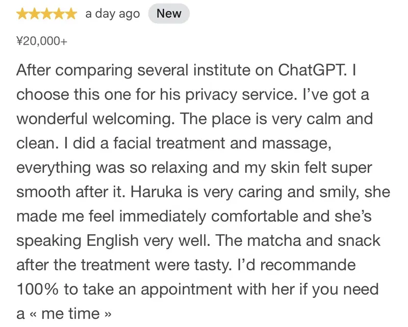 5-star Google review of Private Salon Treat praising the relaxing facial and massage, Haruka's caring service, and clear English communication.