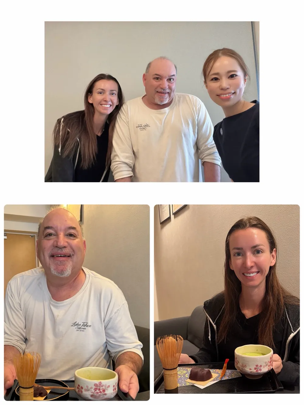 Two American cousins enjoying matcha and Japanese sweets with Haruka after a Japanese facial at Private Salon Treat in Honmachi, Osaka