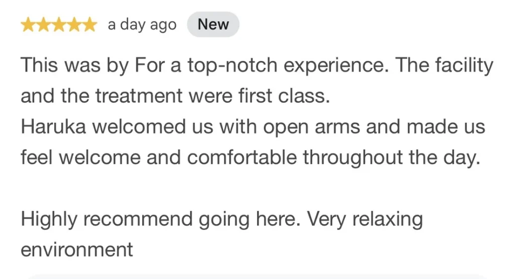 5-star Google review of Private Salon Treat in Osaka praising the first-class facility, treatment and relaxing atmosphere